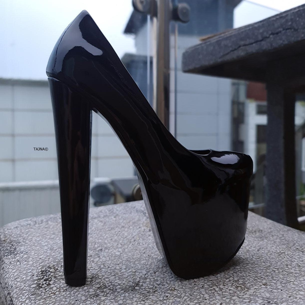 Black Gloss Chunky High Heel Platform Pumps