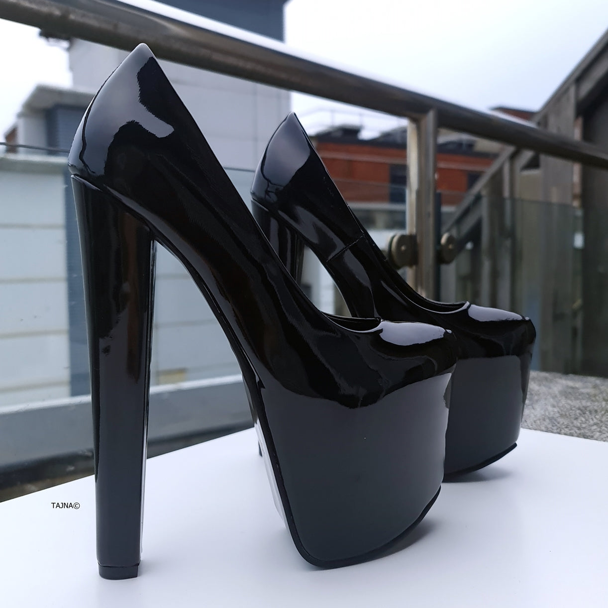 Black Gloss Chunky High Heel Platform Pumps