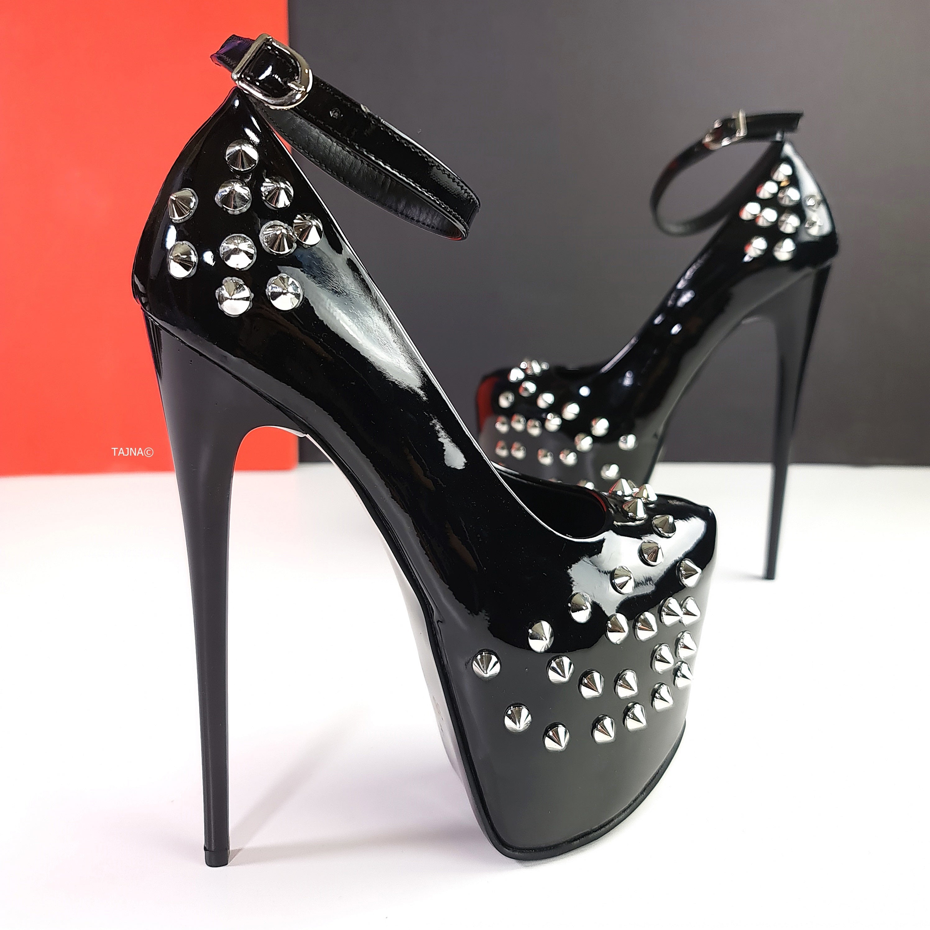 Black Gloss Spike Studded Ankle Strap Heels