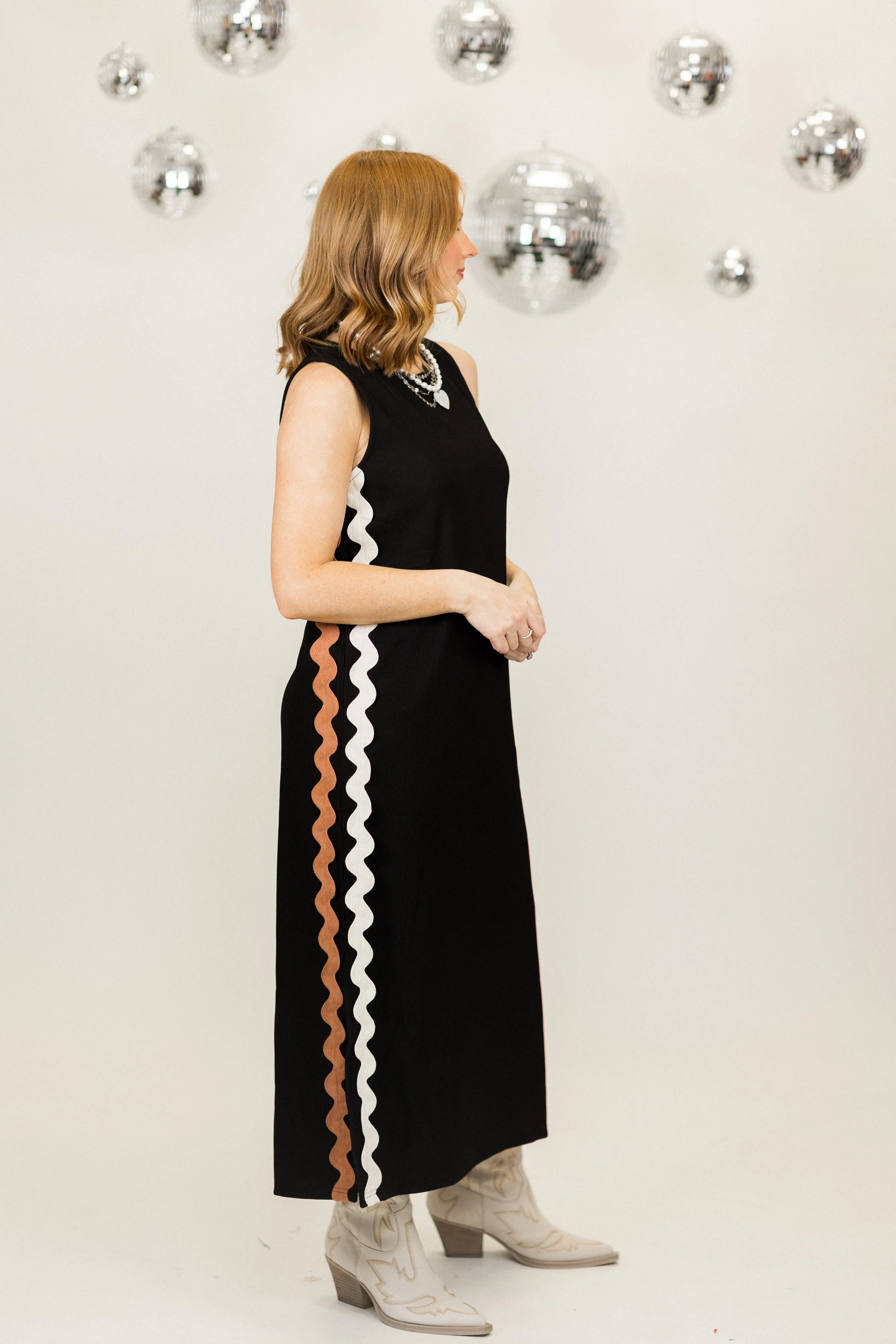 Black Ric Rac Trim Ribbed Sleeveless Midi Dress