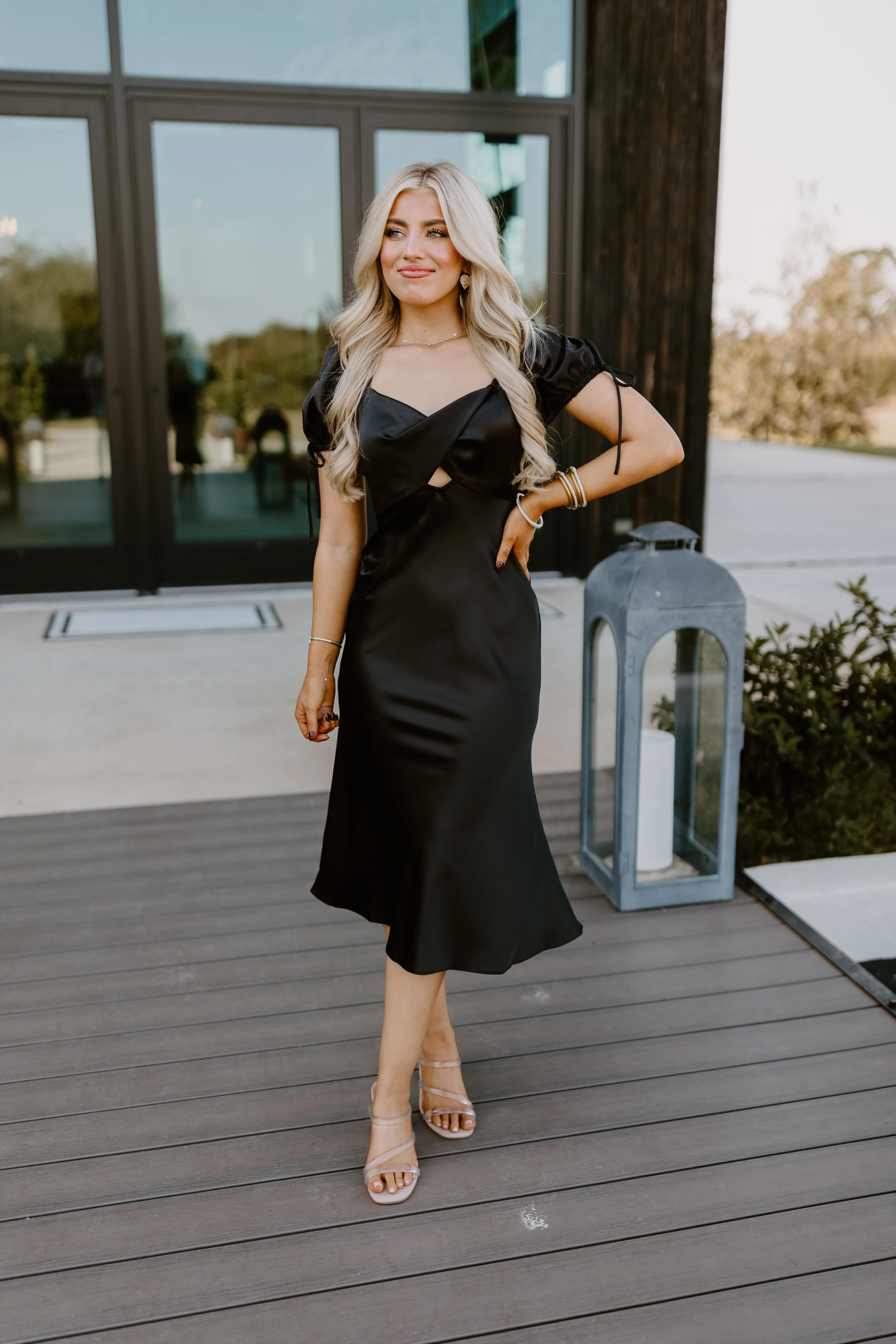 Black Satin Knot Front Tie Detail Midi Dress