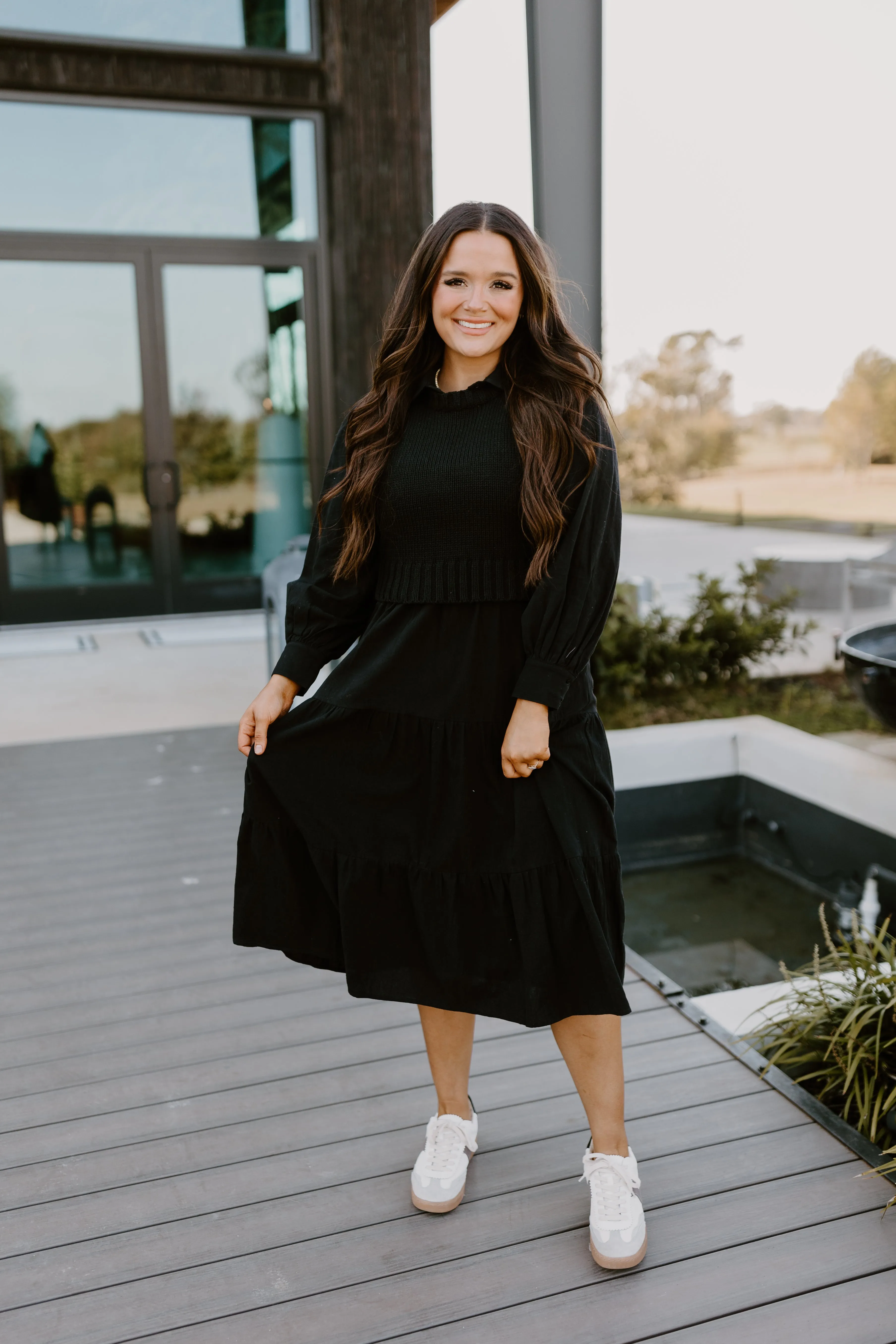 Black Sweater Vest and Tiered Midi Dress Set