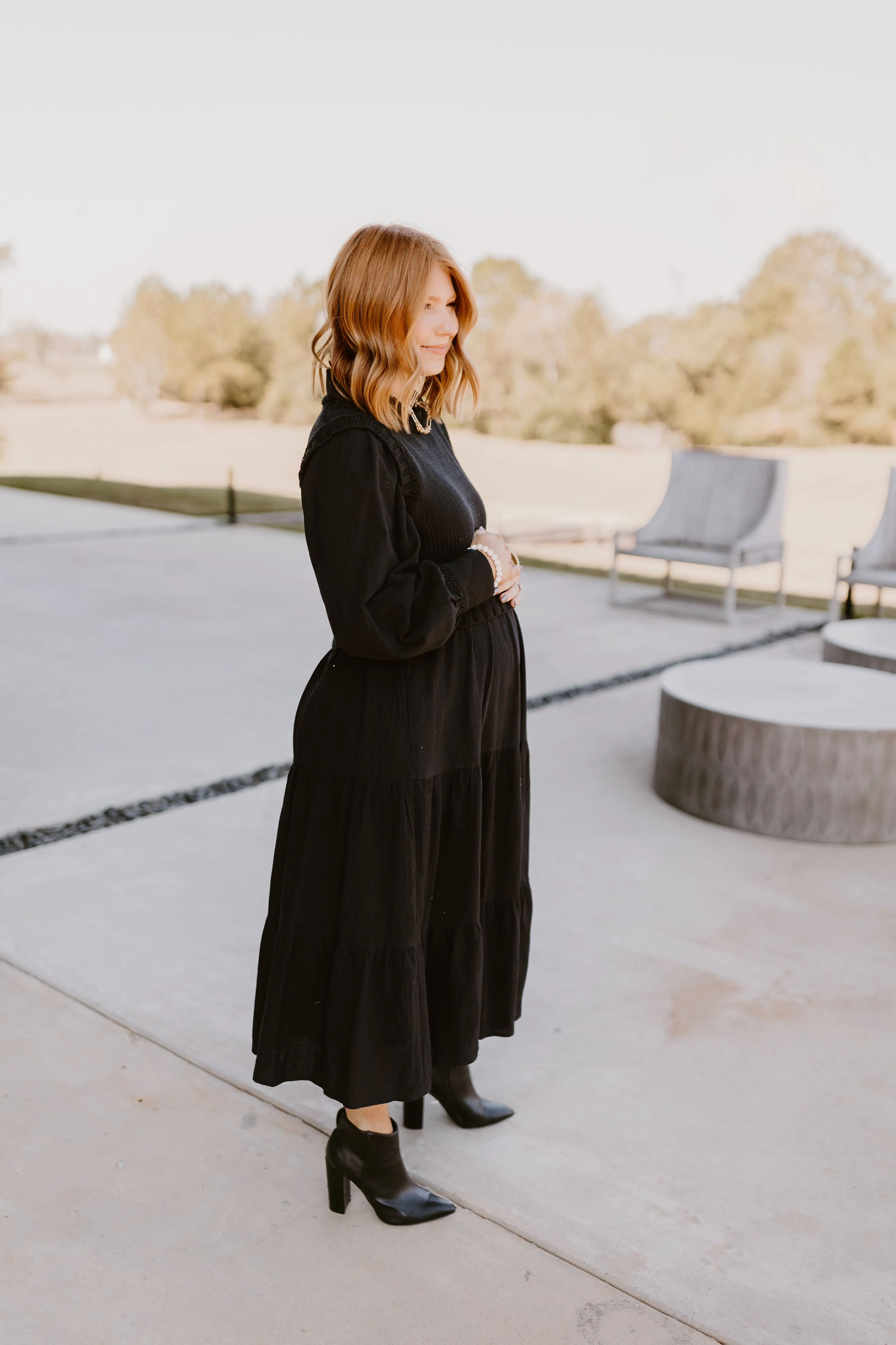 Black Sweater Vest and Tiered Midi Dress Set