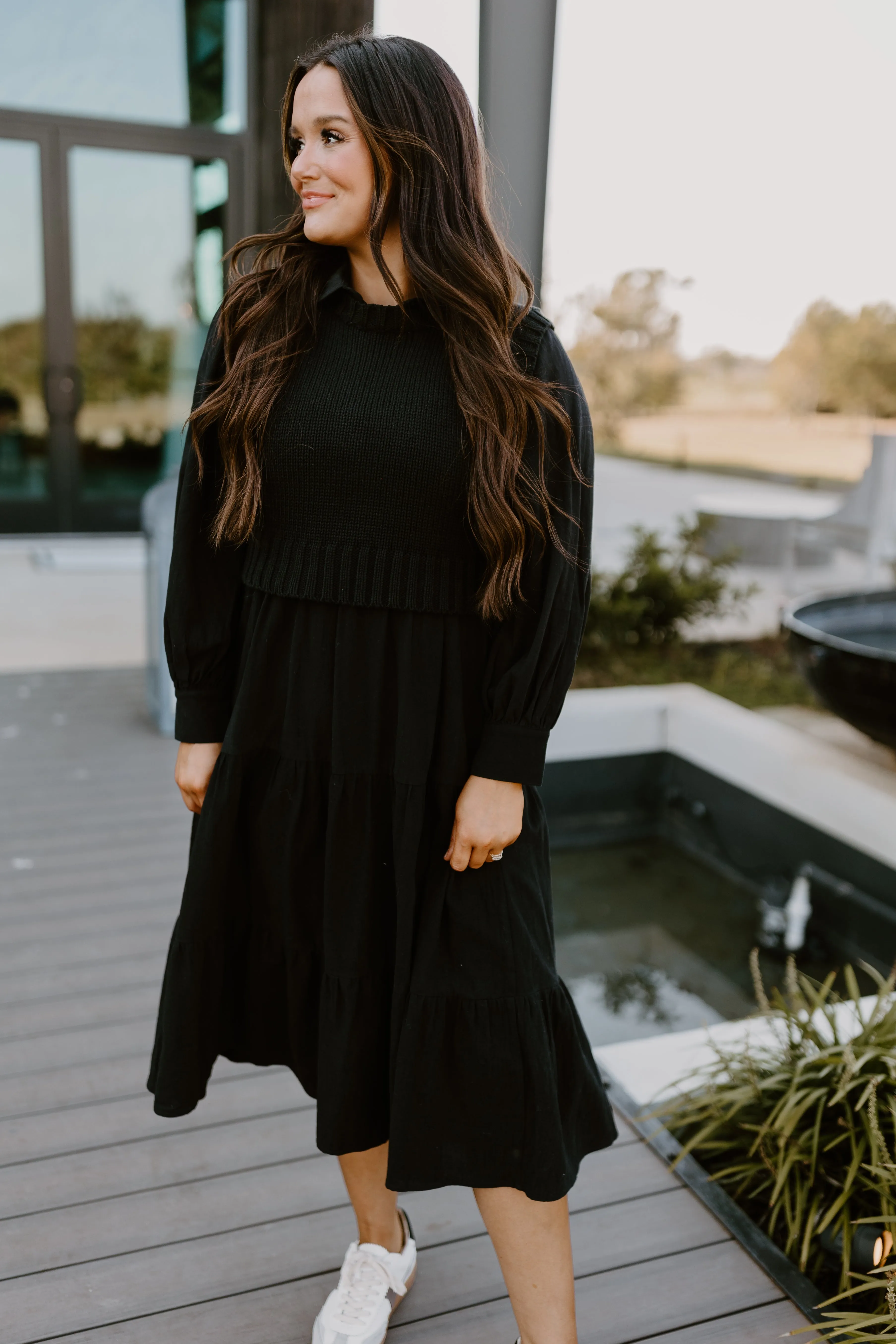 Black Sweater Vest and Tiered Midi Dress Set