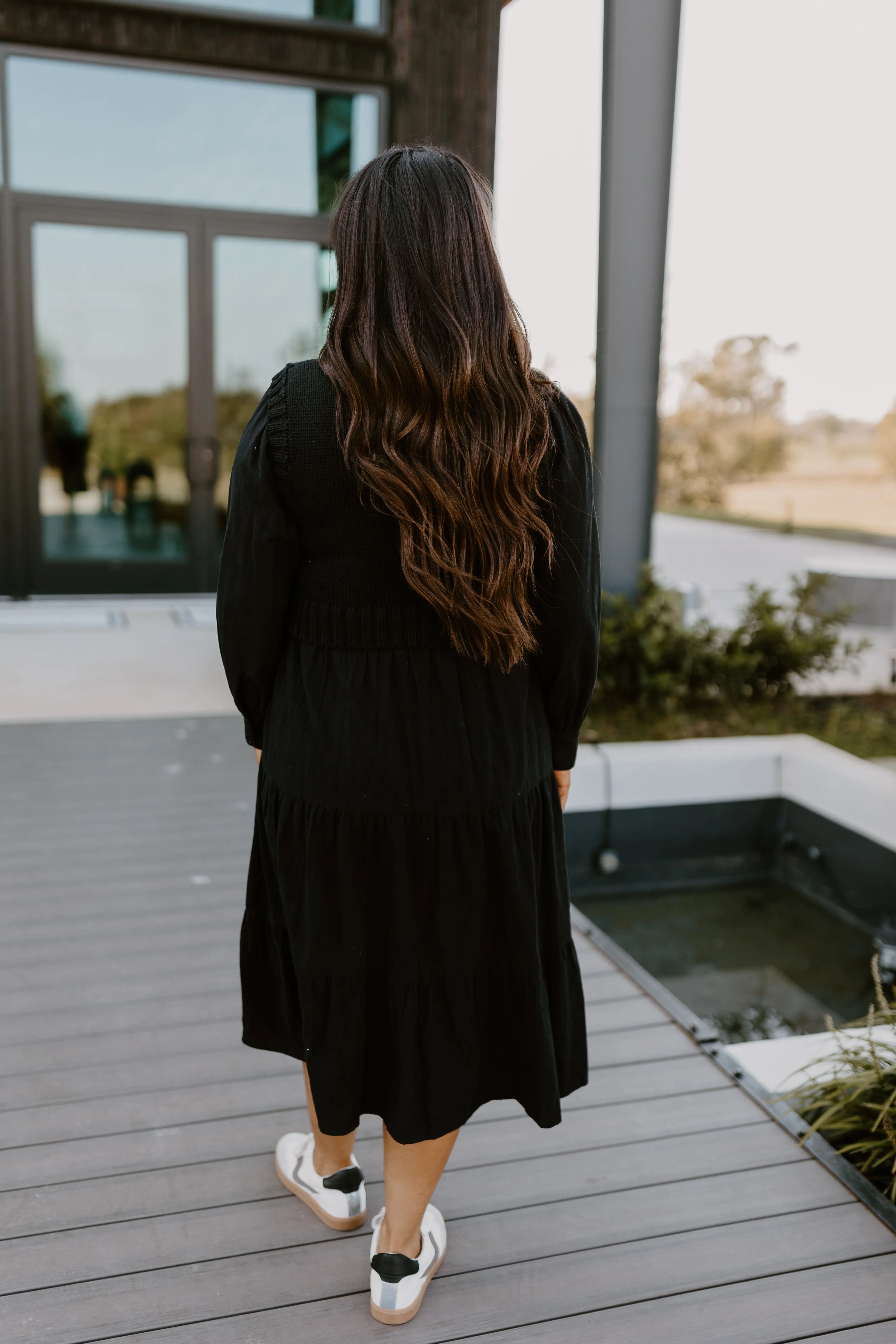 Black Sweater Vest and Tiered Midi Dress Set