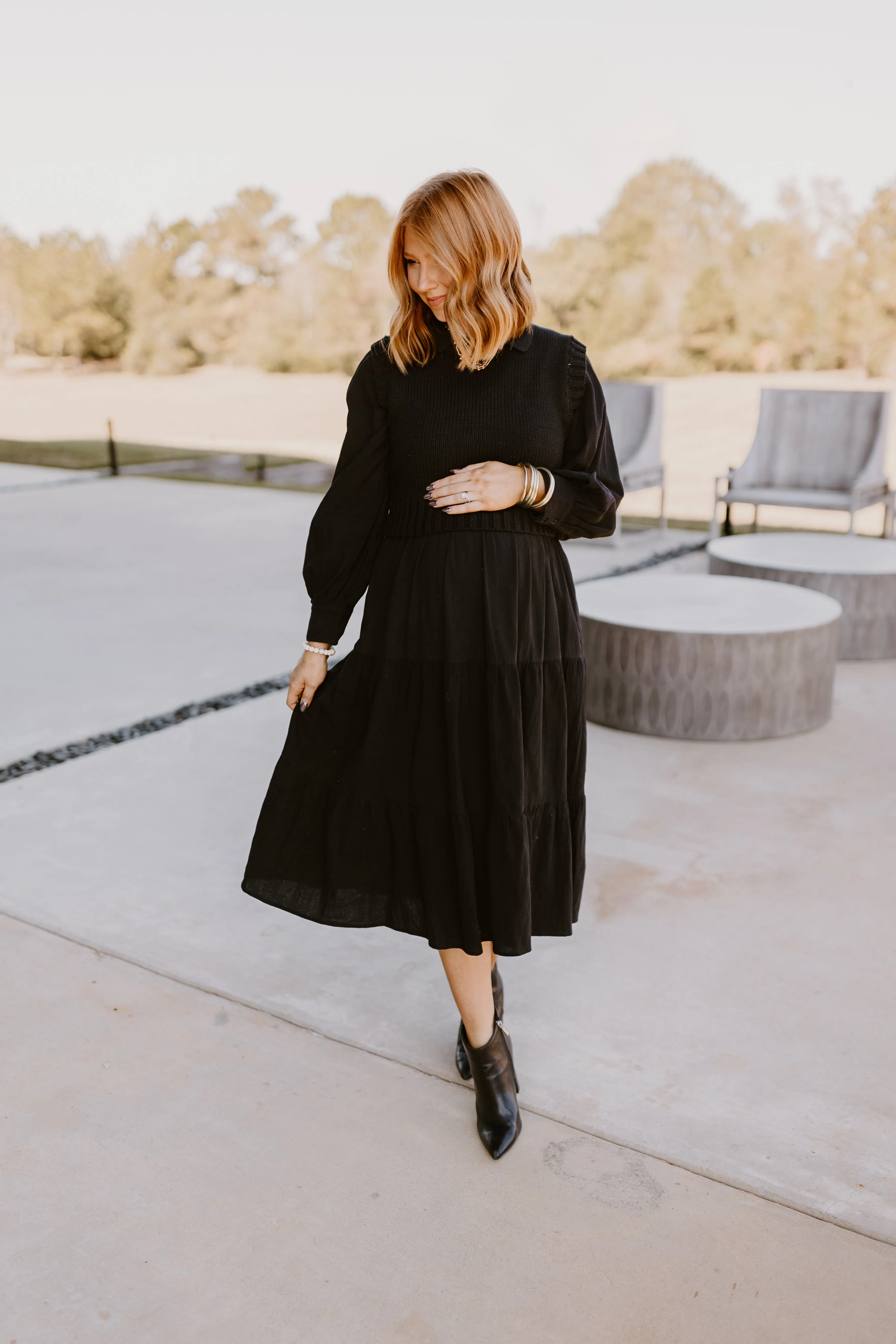 Black Sweater Vest and Tiered Midi Dress Set