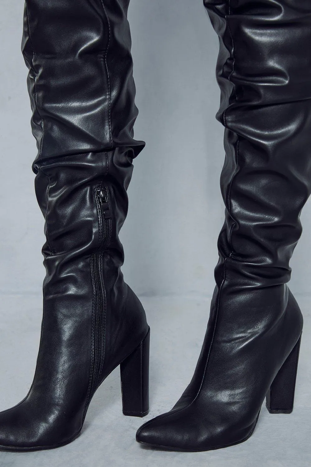 Boots | Leather Look Ruched Over The Knee Boots | MissPap