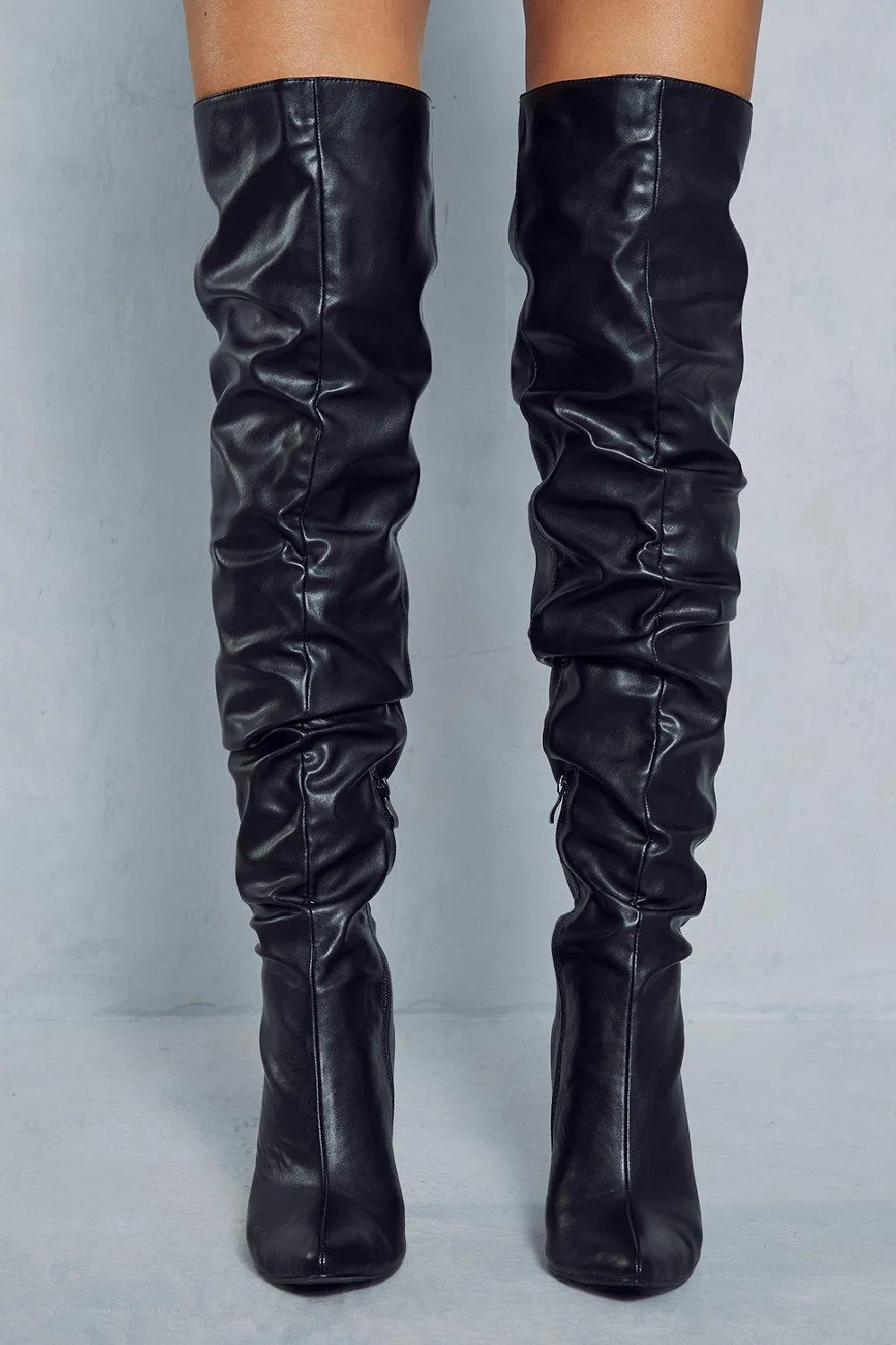 Boots | Leather Look Ruched Over The Knee Boots | MissPap