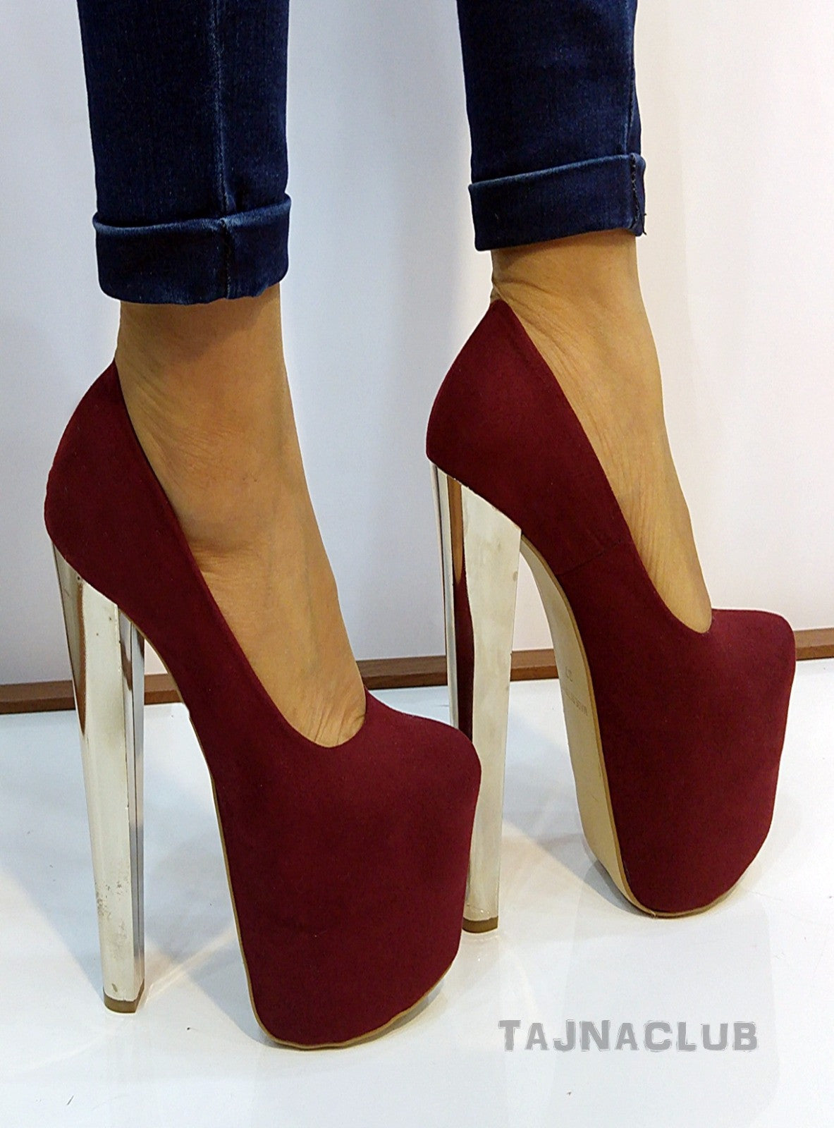 Claret Red  Silver High Heel Platform Shoes