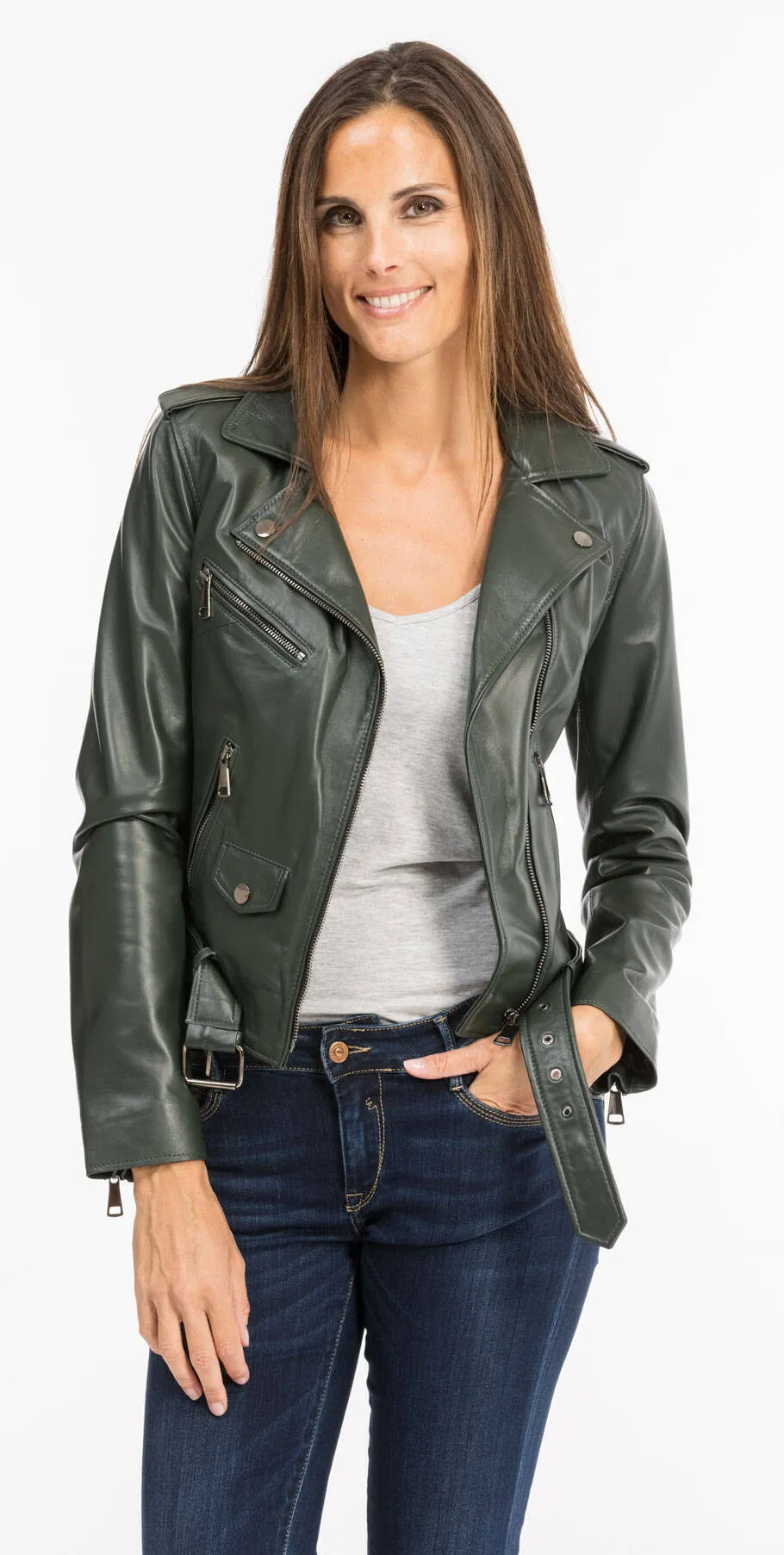 Dark green women's leather jacket marbella biker style