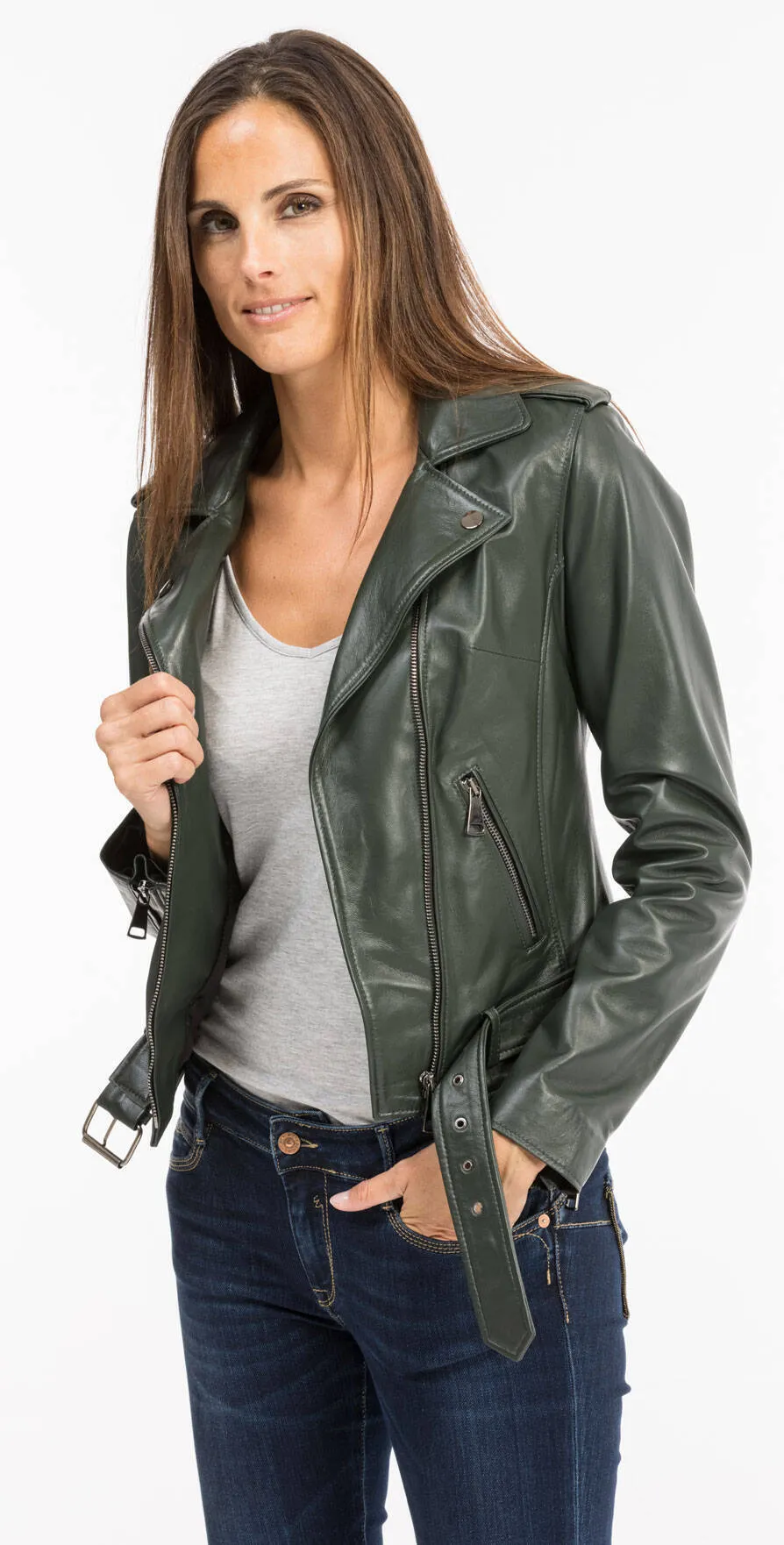 Dark green women's leather jacket marbella biker style