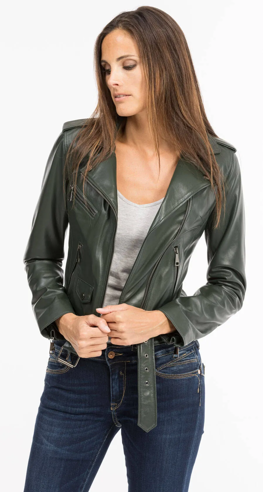 Dark green women's leather jacket marbella biker style