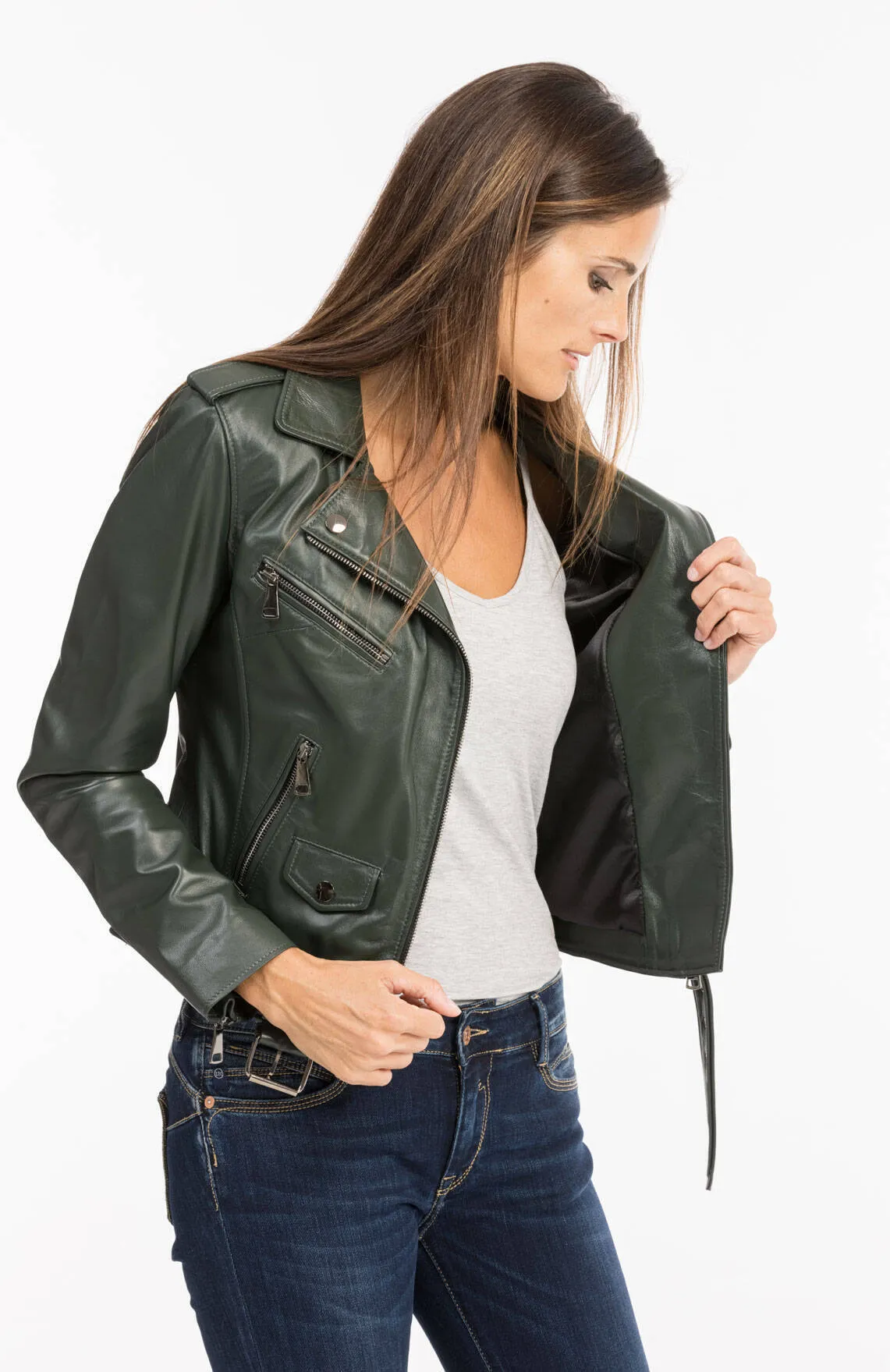 Dark green women's leather jacket marbella biker style