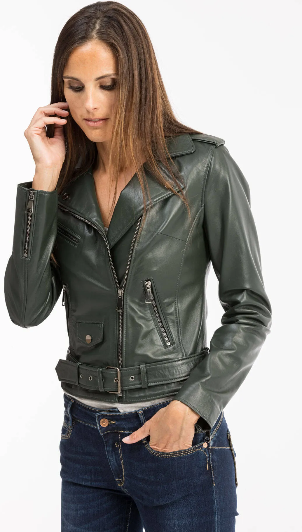 Dark green women's leather jacket marbella biker style