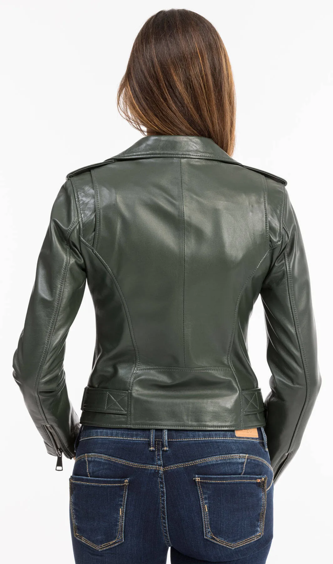 Dark green women's leather jacket marbella biker style