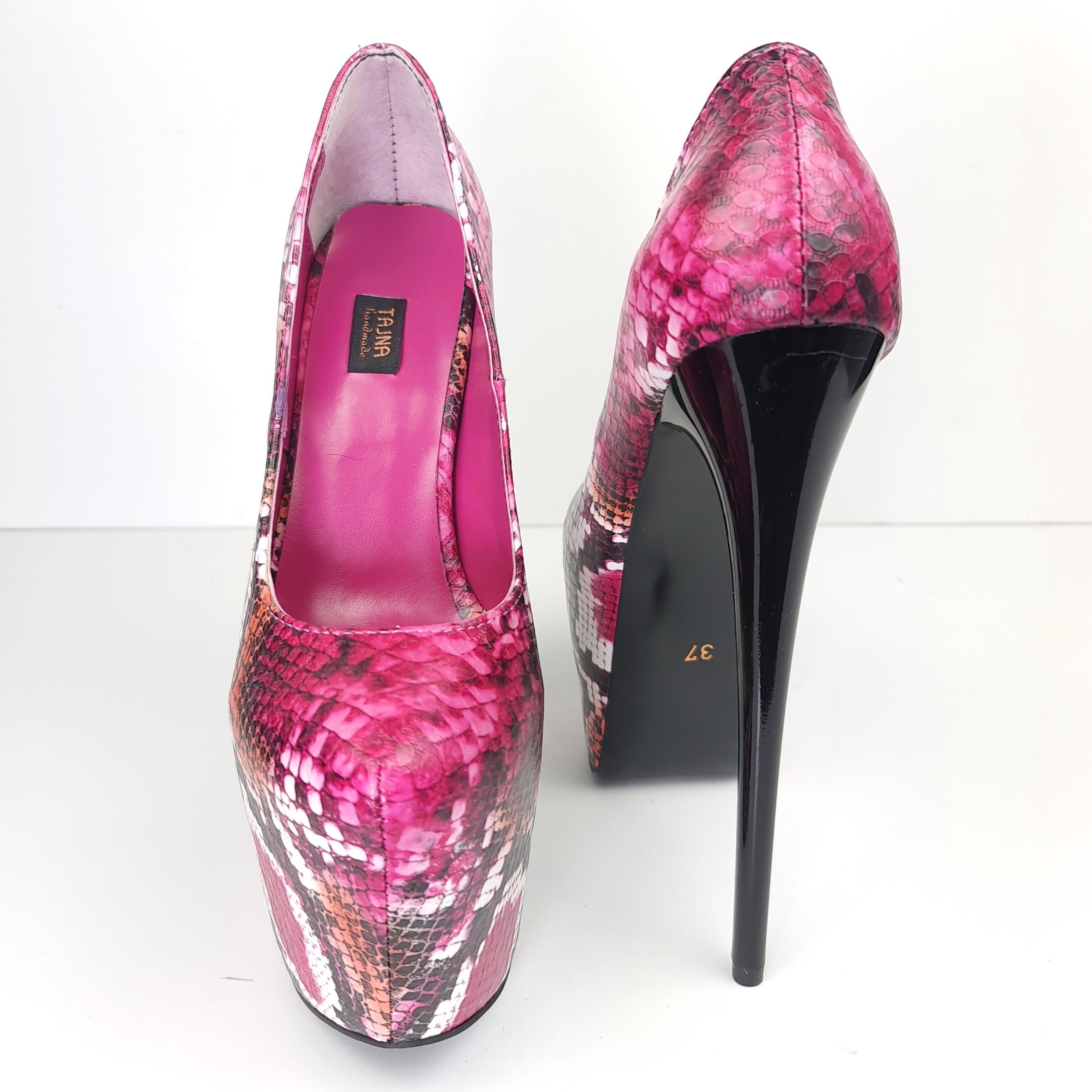 Dark Pink Orange Snake Print High Heel Pumps