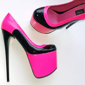 Double Neon Pink Black Gloss High Heel Pumps