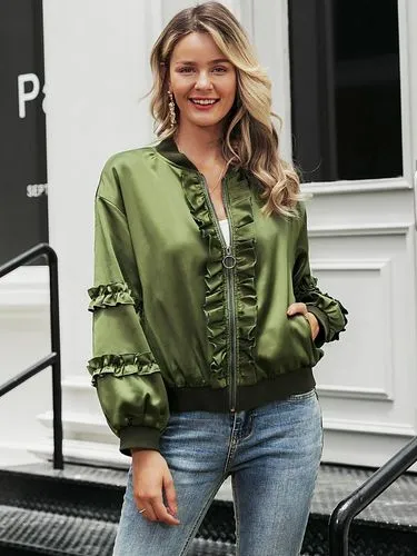 Fashion Army Green Satin Coat Wholesale Women&#39;s Clothes