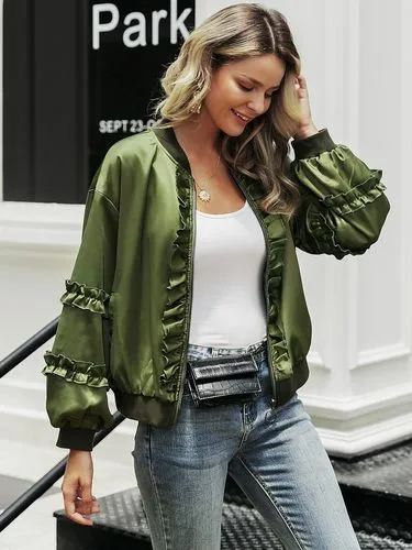 Fashion Army Green Satin Coat Wholesale Women&#39;s Clothes