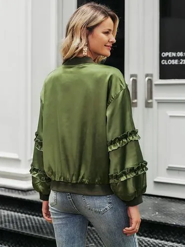 Fashion Army Green Satin Coat Wholesale Women&#39;s Clothes