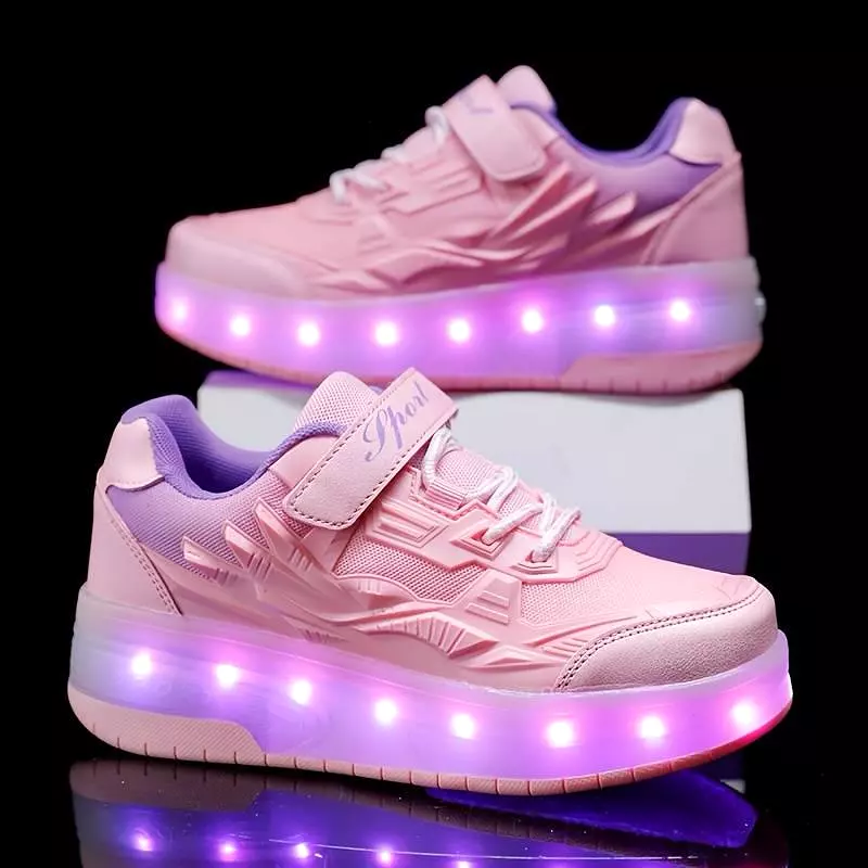 Girl's Fashion LED Light Up Roller Shoes With Hook & Loop Fastener