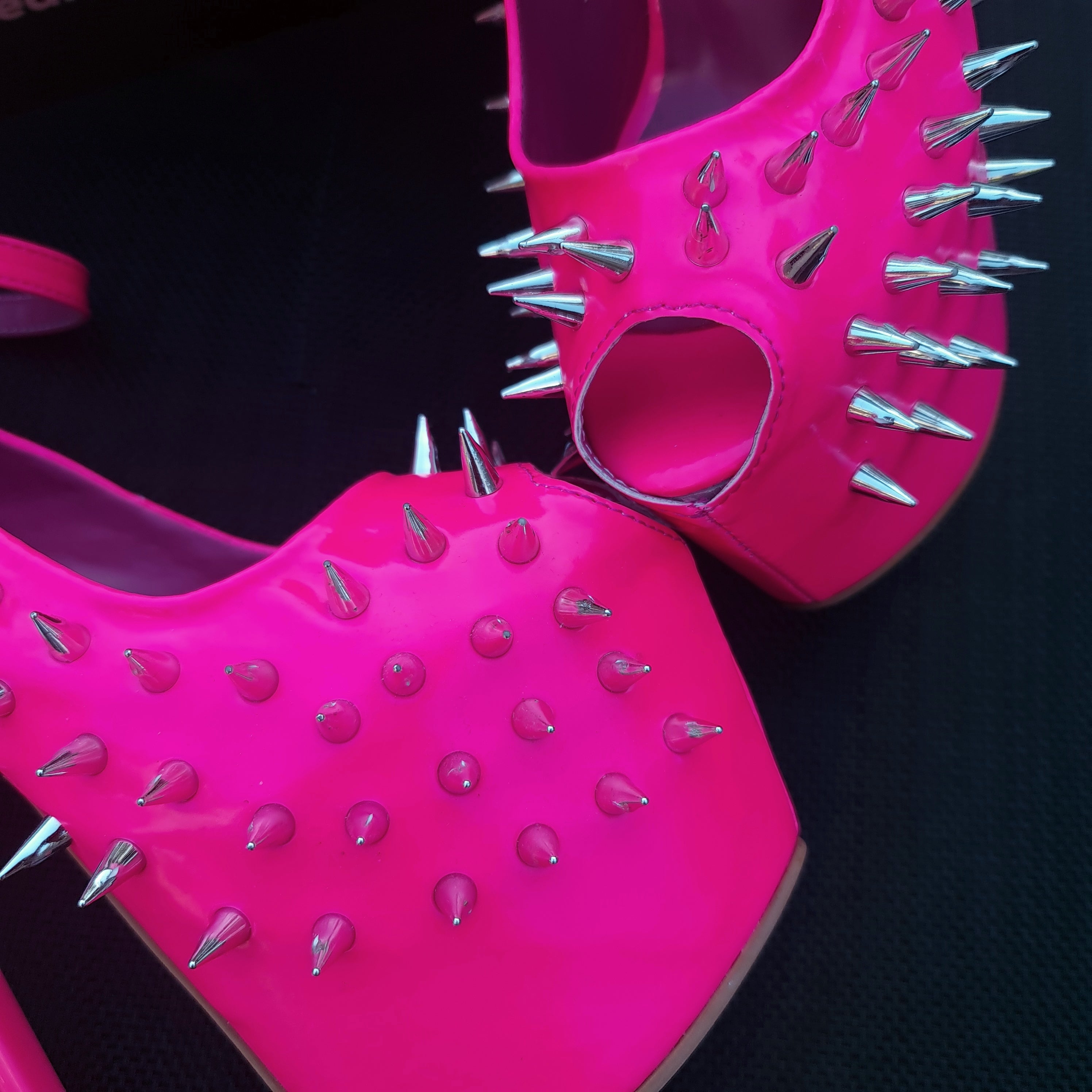 Hot Neon Pink Gloss Spike Studded Ankle Strap Heels