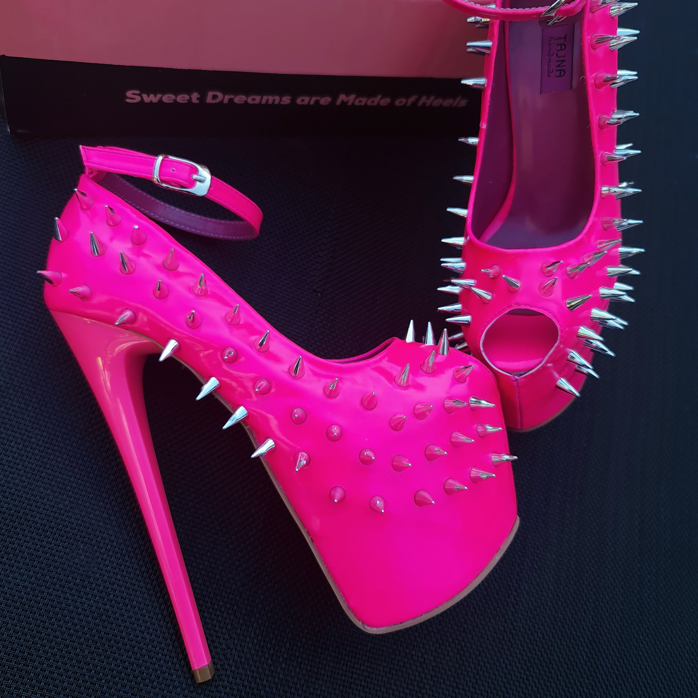 Hot Neon Pink Gloss Spike Studded Ankle Strap Heels