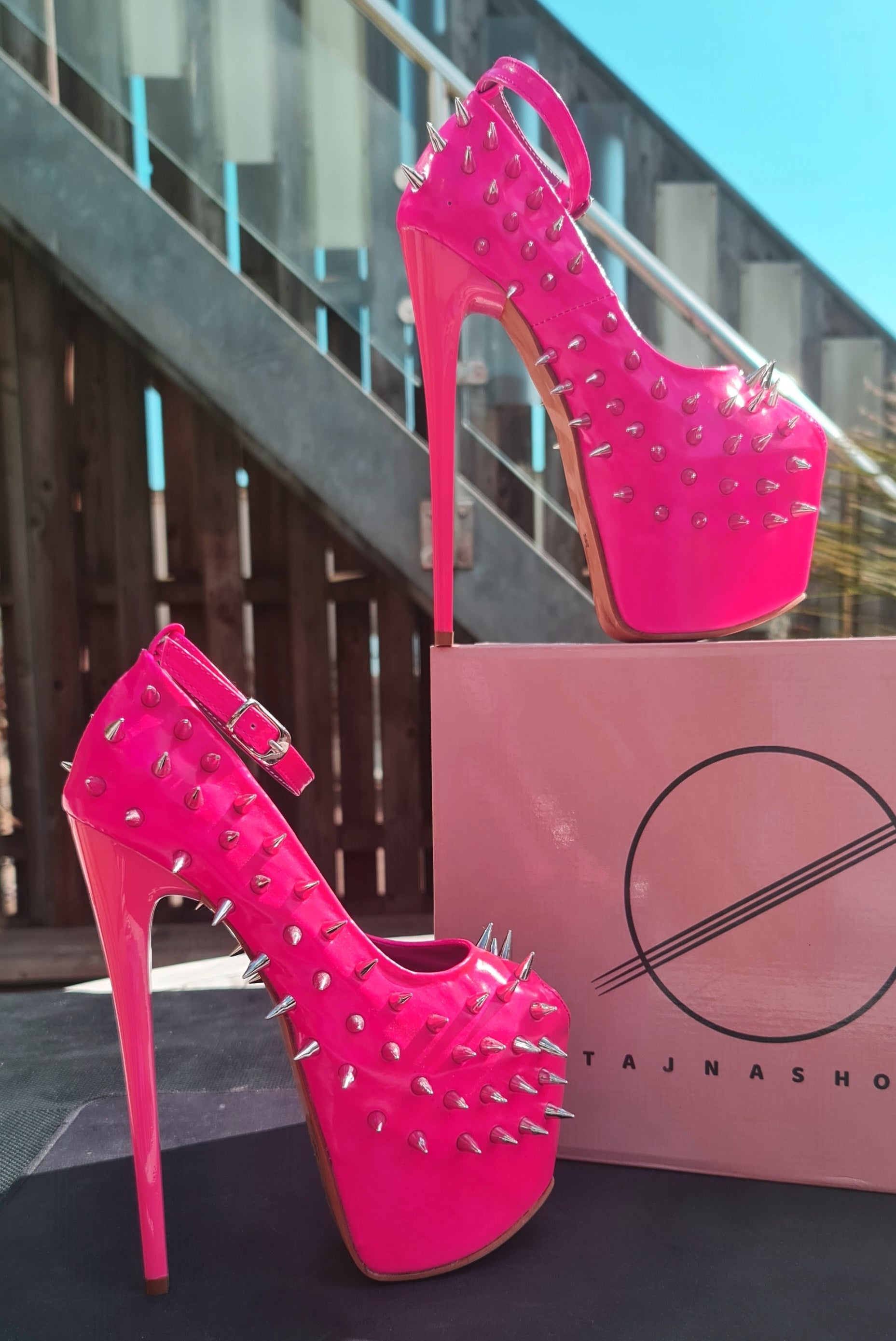 Hot Neon Pink Gloss Spike Studded Ankle Strap Heels