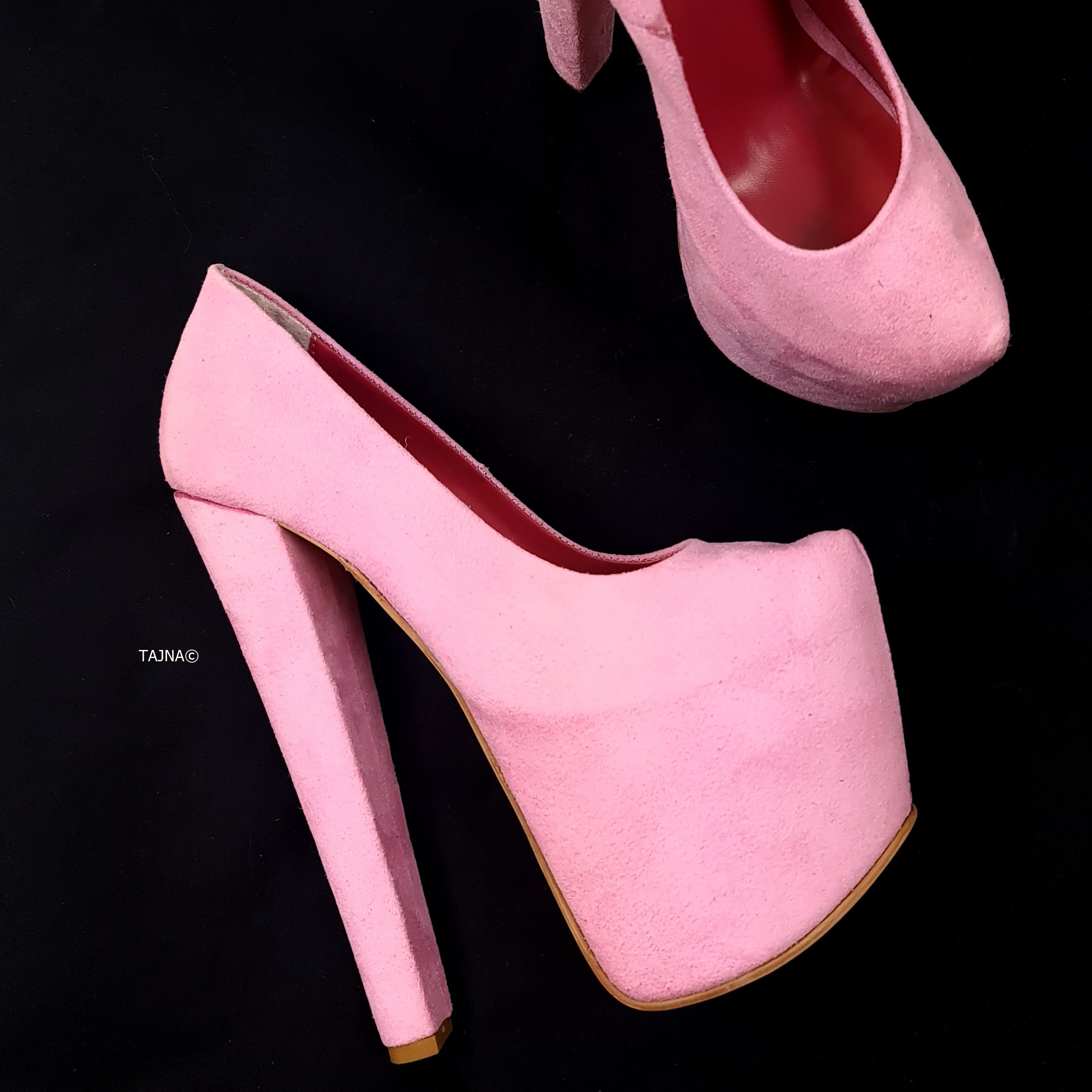 Light Pink Suede Chunky High Heel Pumps