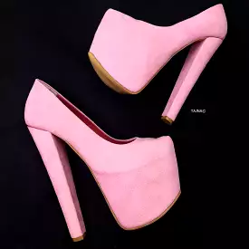 Light Pink Suede Chunky High Heel Pumps