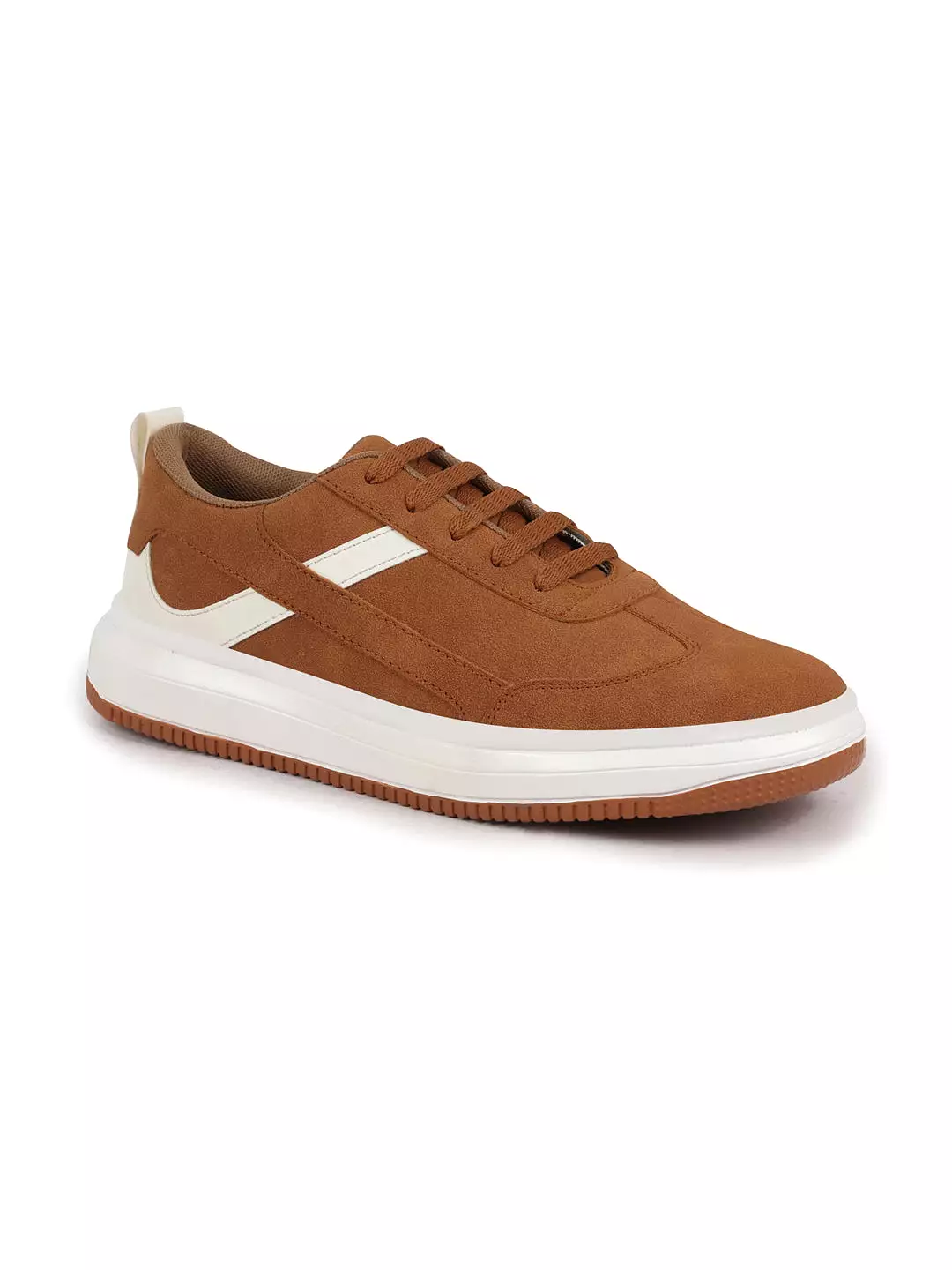 Men Tan Lace Up White Stripped Trendy All Day Comfortable Lightweight Sneakers Casual Shoes