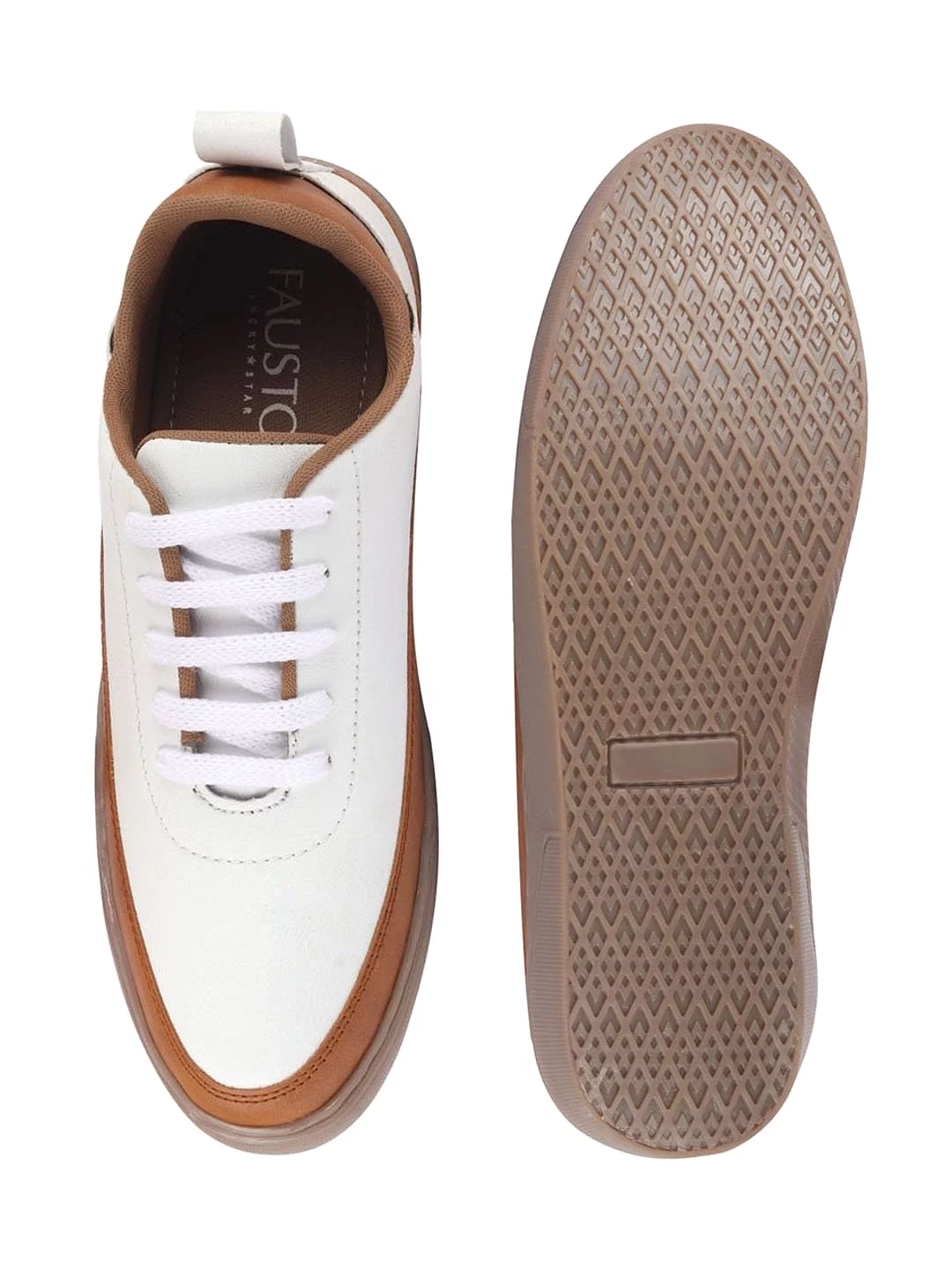 Men White/Tan Lace Up Colorblocked Sneakers