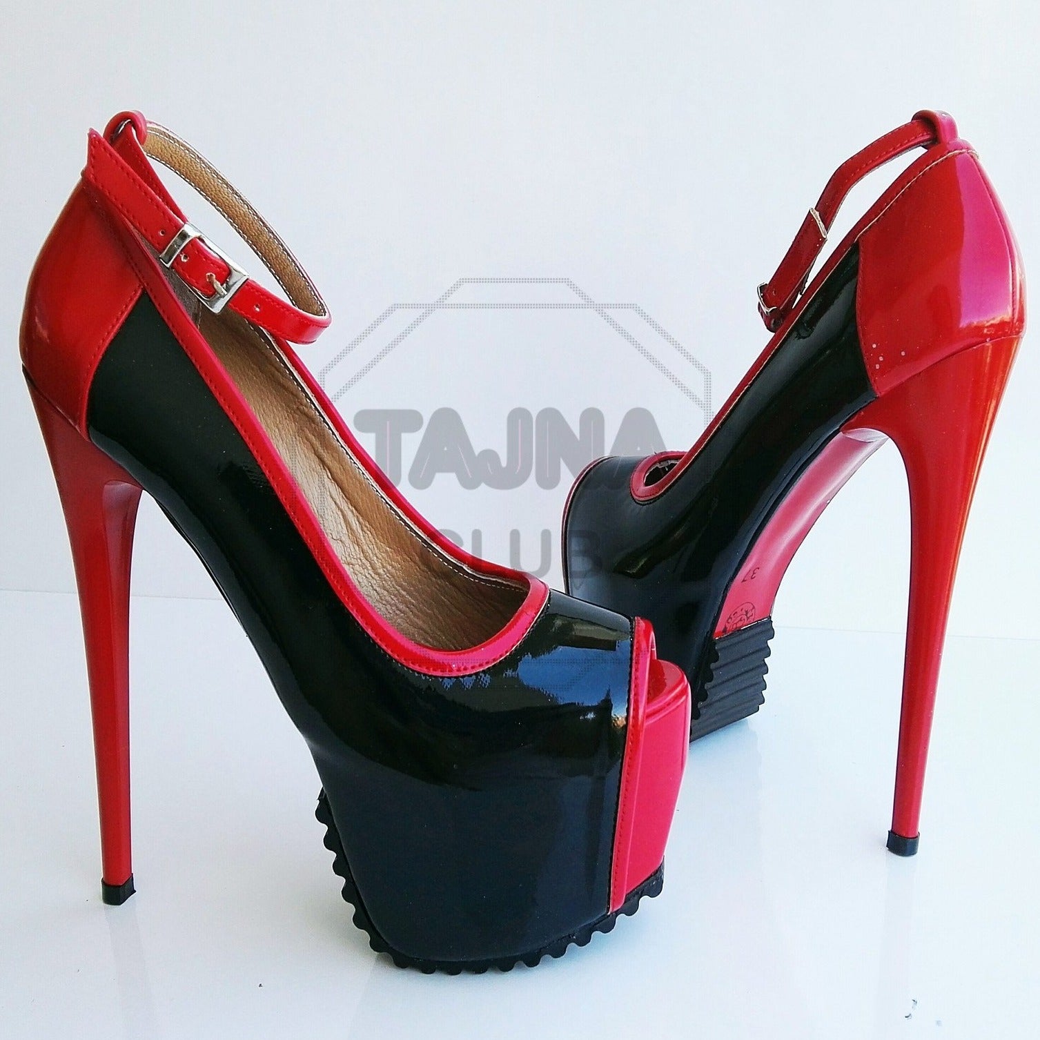 Red and Black Patent Leather High Heel Platform Pumps