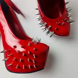 Red Gloss Spike Studded Ankle Strap Heels