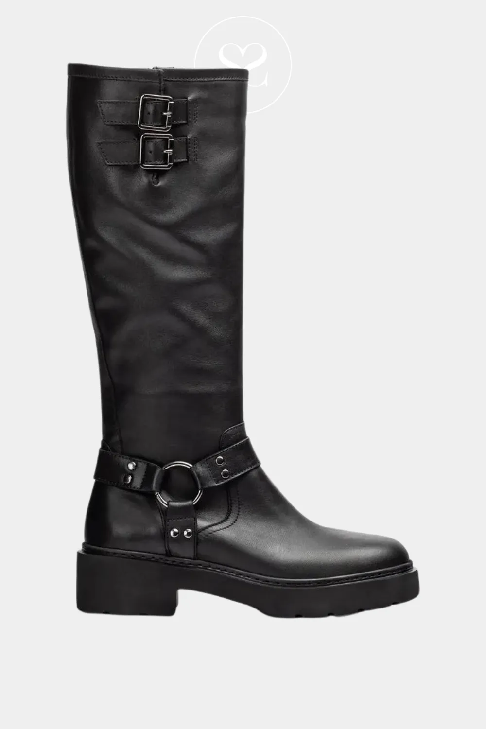 UNISA JECIS BLACK LEATHER CHUNKY BIKER KNEE HIGH BOOTS