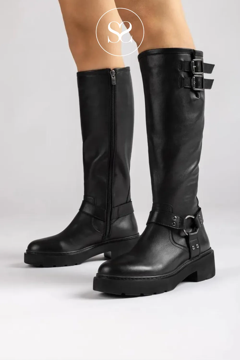 UNISA JECIS BLACK LEATHER CHUNKY BIKER KNEE HIGH BOOTS