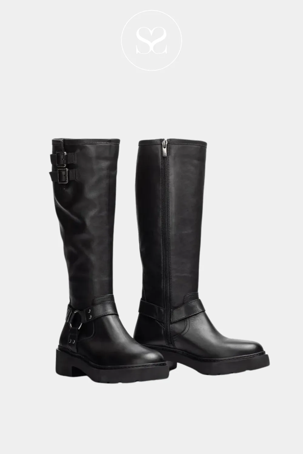 UNISA JECIS BLACK LEATHER CHUNKY BIKER KNEE HIGH BOOTS