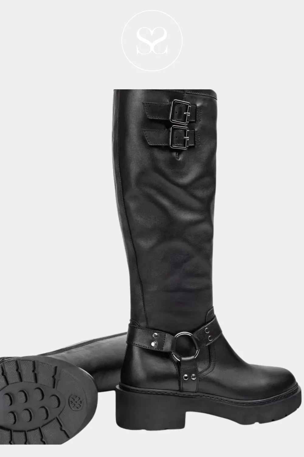 UNISA JECIS BLACK LEATHER CHUNKY BIKER KNEE HIGH BOOTS