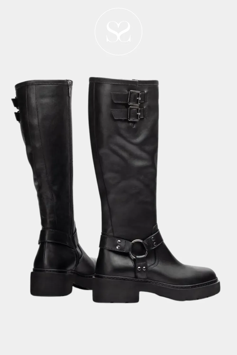 UNISA JECIS BLACK LEATHER CHUNKY BIKER KNEE HIGH BOOTS