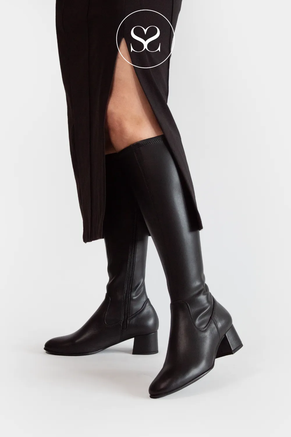 UNISA LAPES BLACK LEATHER BLOCK HEEL KNEE HIGH BOOTS