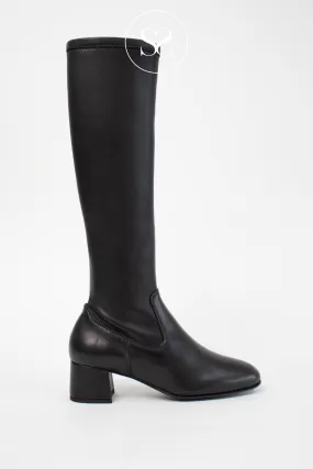 UNISA LAPES BLACK LEATHER BLOCK HEEL KNEE HIGH BOOTS