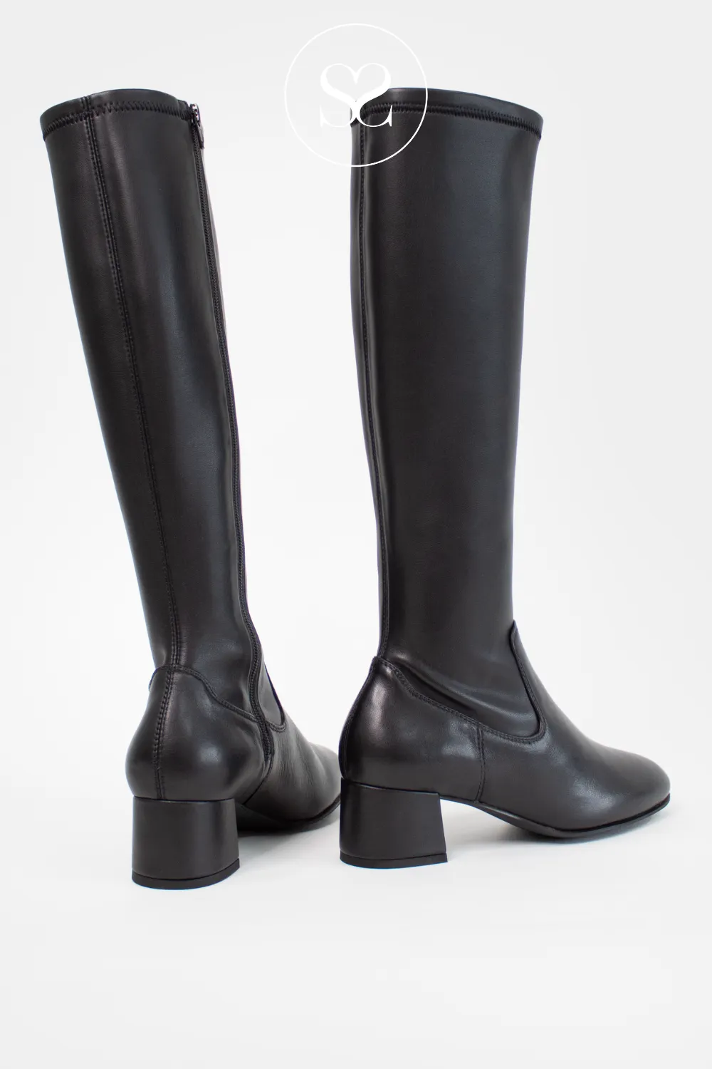 UNISA LAPES BLACK LEATHER BLOCK HEEL KNEE HIGH BOOTS