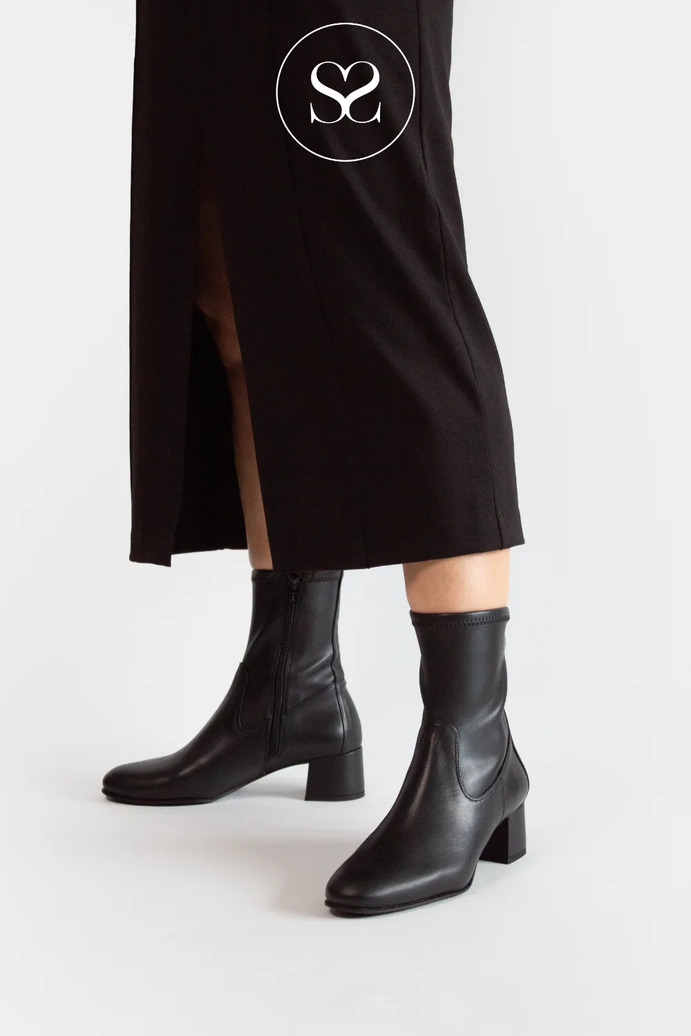 UNISA LEMICO BLACK LEATHER BLOCK HEEL SOCK BOOTS