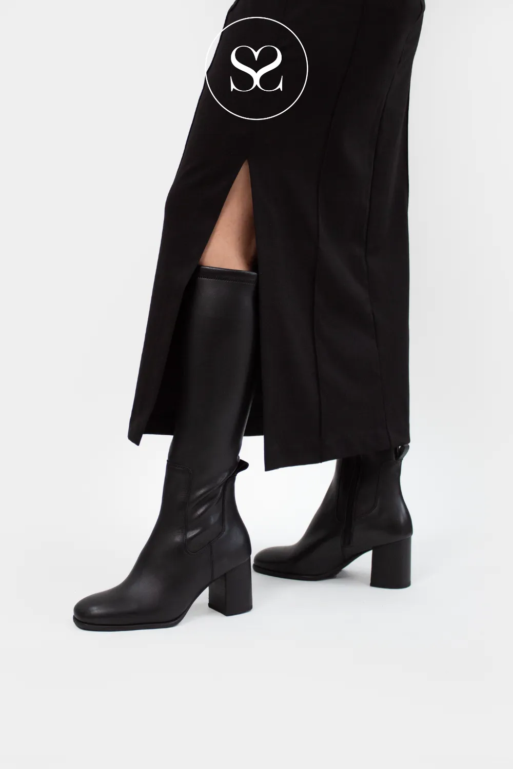 UNISA NEMIR BLACK LEATHER WESTERN STYLE BLOCK HEEL KNEE HIGH BOOTS