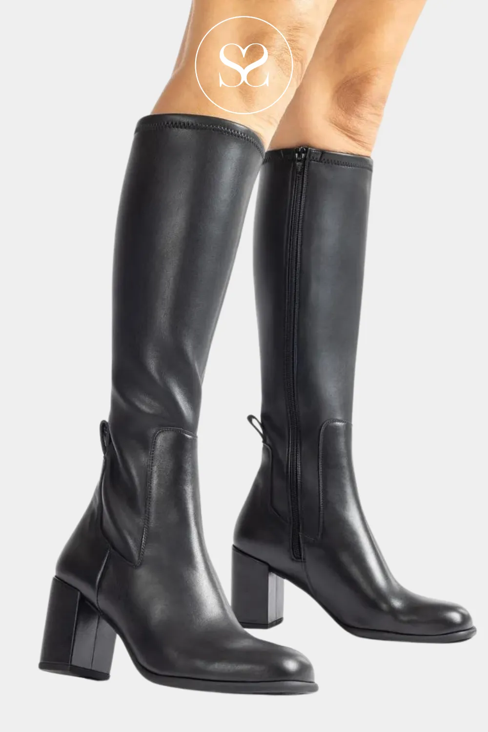 UNISA NEMIR BLACK LEATHER WESTERN STYLE BLOCK HEEL KNEE HIGH BOOTS