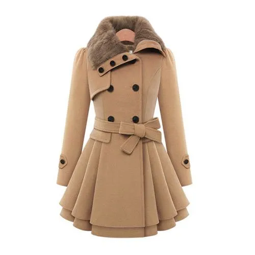 Women's Fashion Solid Color Double Breasted Woolen Coat